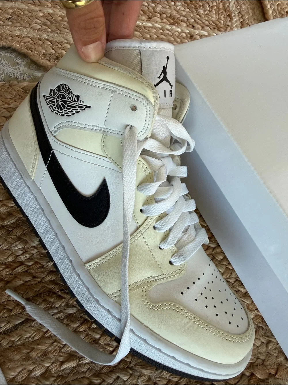 Jordan 1 Mid Coconut Milk with Black Swoosh